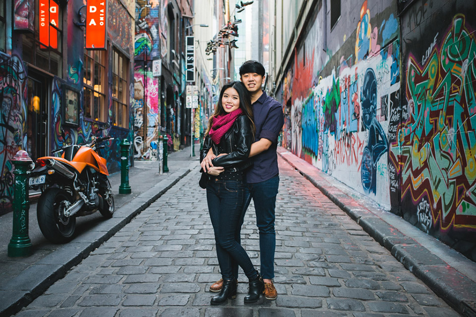 Melbourne City couple photos of Sabrina and Andy in Hosier Lane, amongst the graffiti.