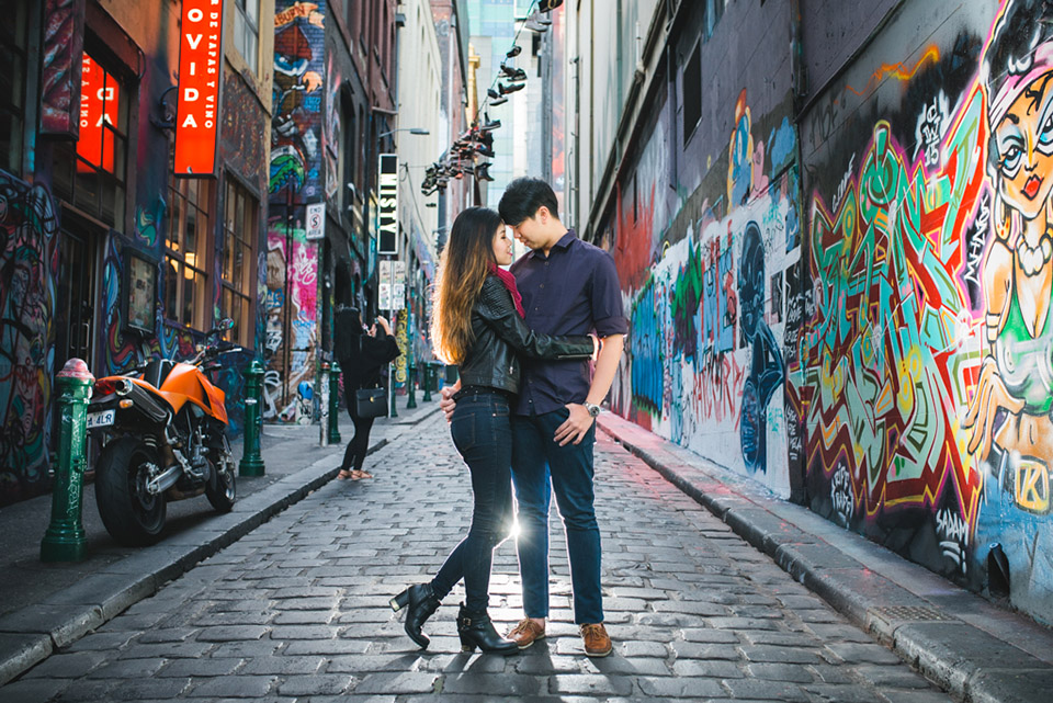 Melbourne City engagement shoot with Sabrina and Andy in Hosier Lane.