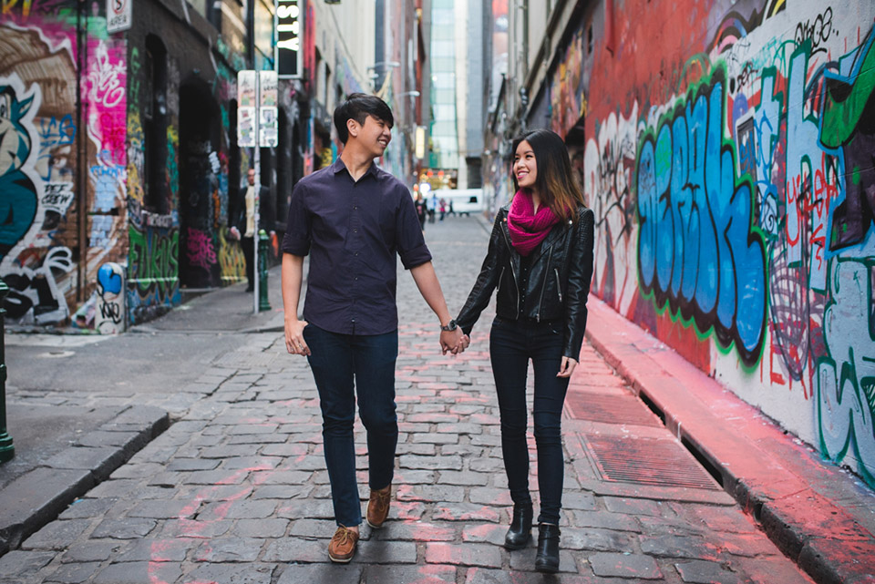 Melbourne City engagement shoot with Sabrina and Andy in Hosier Lane.