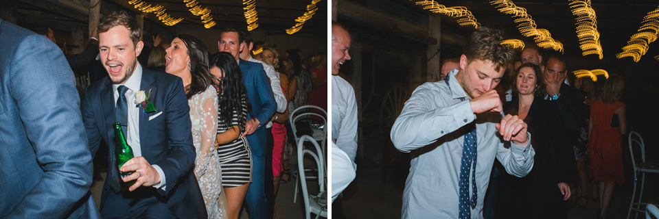 wedding guests dancing in a congo line