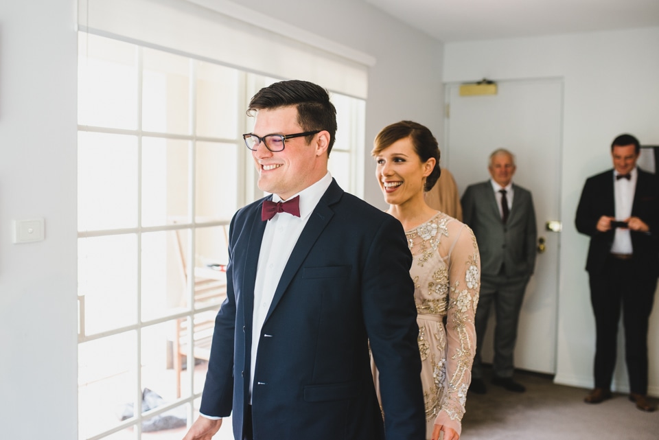 Charli & Andy's first look for their Prahran wedding.