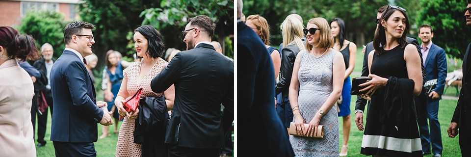 Guests mingling before the wedding ceremony in victoria gardens prahran.