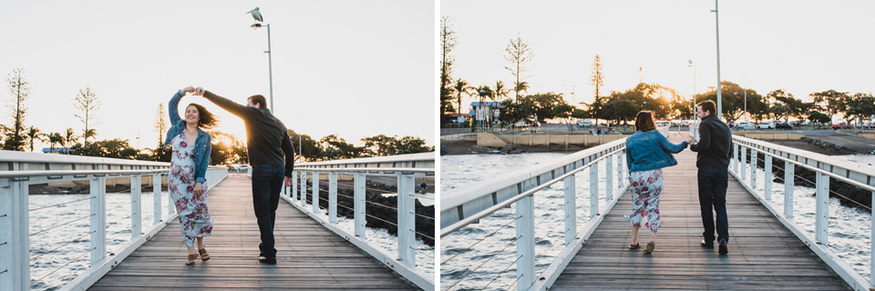 Alex & Sam dancing on the pier at Wellington Point in Brisbane, for their engagement shoot.